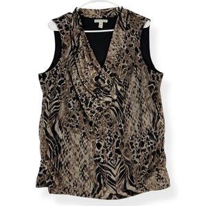 Dana Buchman Cowl Neck Blouse Womens XL Sleeveless Top Brown Animal Print
